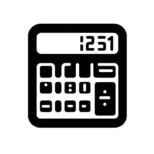 Black silhouette of a calculator with a digital display showing the number 1231 and a layout of buttons including digits and operations